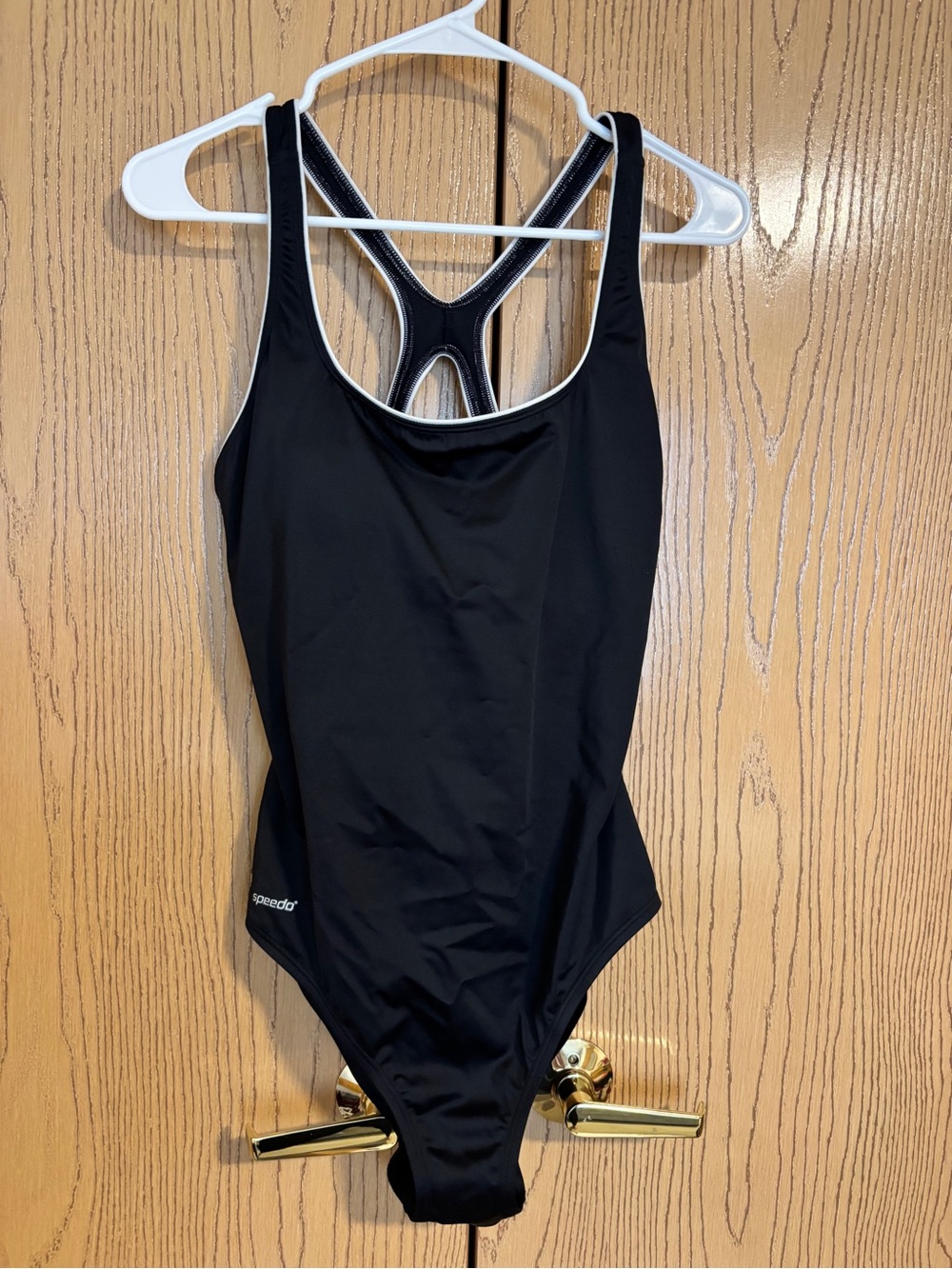 Speedo Women's Black One-Piece Racerback Swimsuit with White Piping, size 14